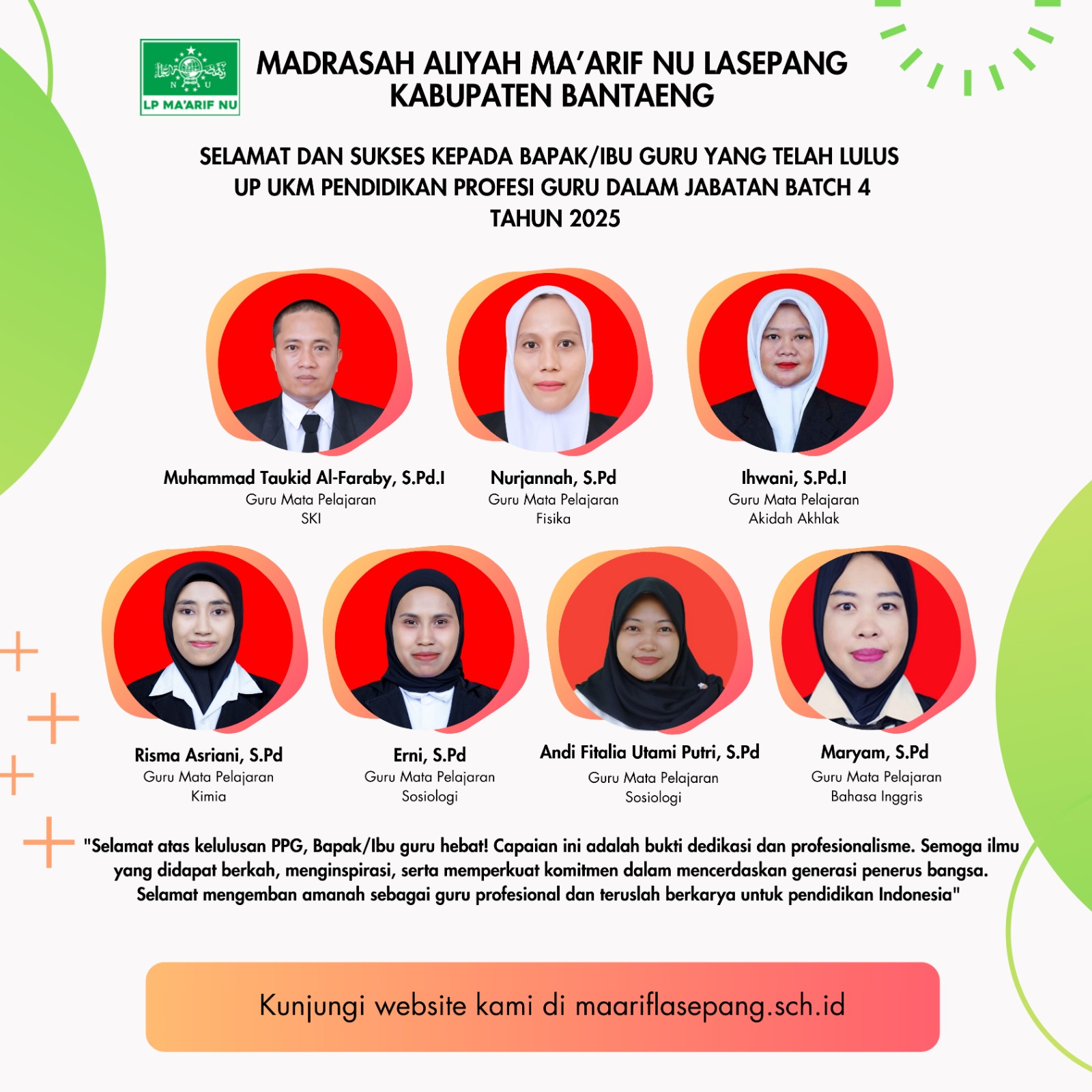 Guru MAS. Ma’arif NU Lasepang Lulus PPG Dalam Jabatan Batch 4 Tahun 2025